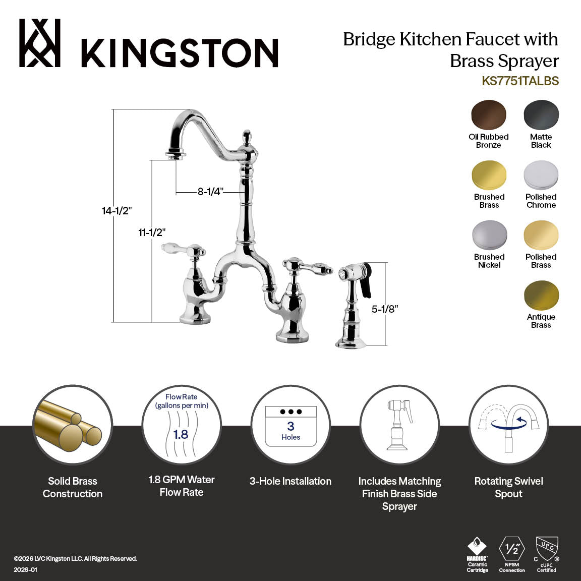 Kingston Heirloom KS7751TALBS - Tudor Two-Handle 3-Hole Deck Mount Bridge Kitchen Faucet with Brass Sprayer, Polished Chrome — thumbnail 3